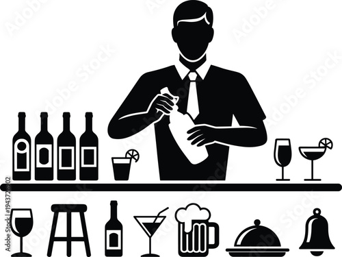 PrintBartender silhouette vector, cocktail shaker icon, bar counter design, black and white illustration, drink service graphic, restaurant element art symbol