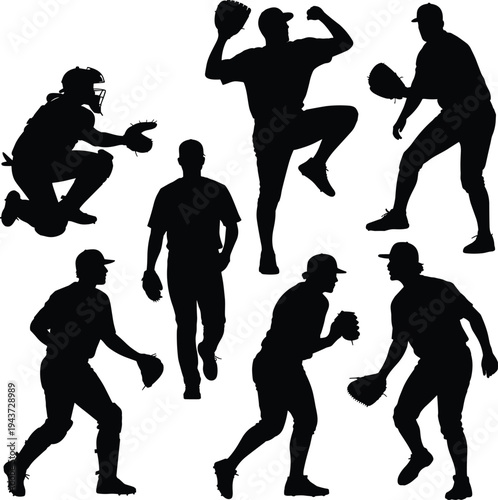 PrintBaseball player silhouette, sports action vector, athletic icon graphic, black and white illustration,