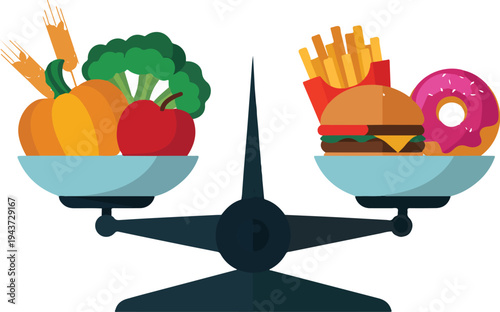 Choice between healthy and unhealthy food concept vector illustration balanced diet versus junk food lifestyle comparison