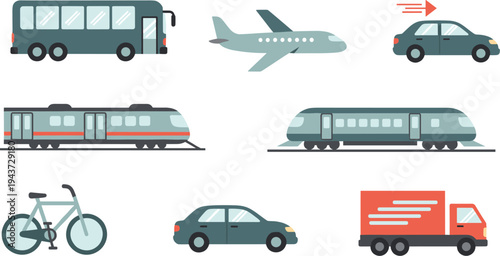 Transportation vehicles icon set bus airplane car train bicycle and delivery truck flat transport collection vector illustration