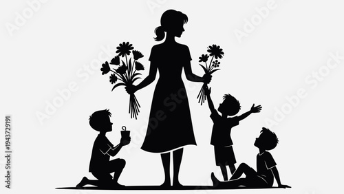 Heartwarming silhouette illustration capturing the tender bond between a mother and her three children exchanging flowers, symbolizing love, gratitude, and the joy of family connection