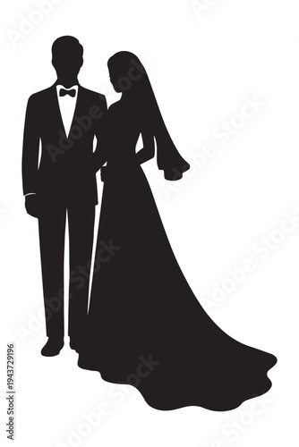 Elegant silhouette of a bride and groom in formal wedding attire
