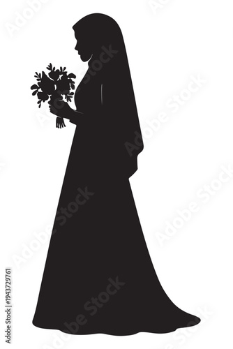 Elegant bride silhouette holding a bouquet of flowers in a long gown