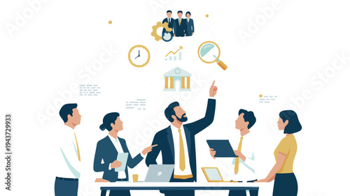 Business brainstorming meeting discussing new project idea teamwork collaboration and strategy planning vector illustrationPrint