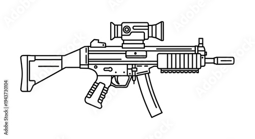 Modern Submachine Gun with Red Dot Sight - Line Art Illustration