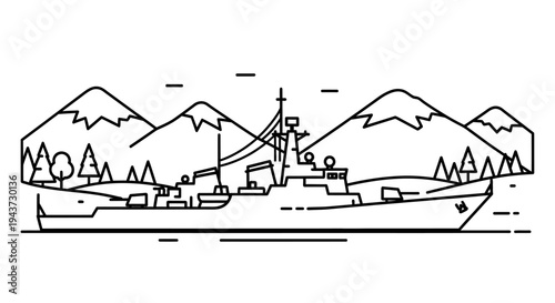 Naval ship sailing in front of majestic mountains and trees, minimalist line art