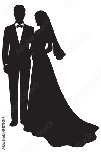 Elegant silhouettes of a bride and groom in formal wedding attire