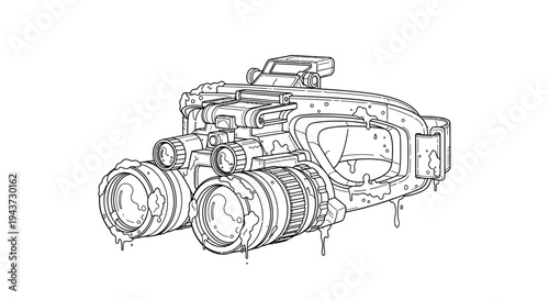 Night Vision Goggles, Military Equipment, Tactical Gear, Binoculars, Infrared Optics, Black and White Drawing