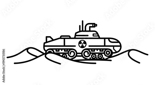 Nuclear Submarine with Radiation Symbol on Waves, Vector Illustration