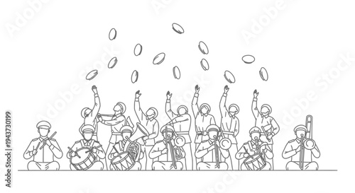 Orchestra band playing music outdoors, throwing hats in the air, celebrating a performance.