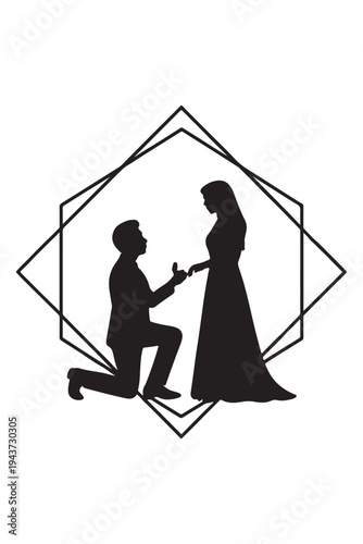 A man proposing marriage to a woman in a formal wedding attire silhouette.