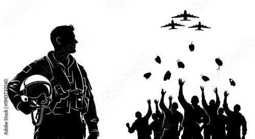 Pilot and Fighter Jets Dropping Bombs on Crowd