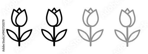 Tulip flower line art icons featuring elegant blooming buds with leaves perfect for nature themed designs. Vector illustration of tulip flower icon set