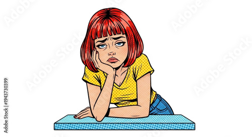 Young girl looking bored with head resting on arms in vector style  