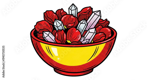 Bowl of rose petals and quartz crystals in vibrant colors  