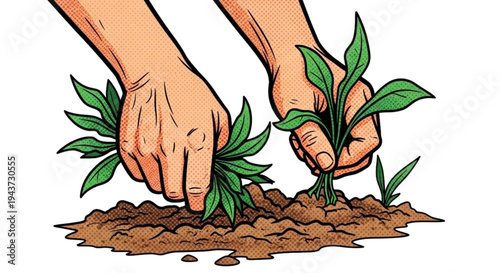 Hands planting young plants in soil for gardening activity  