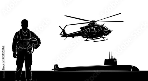 Pilot, Helicopter, Submarine: Military and Transport Vehicles Silhouette