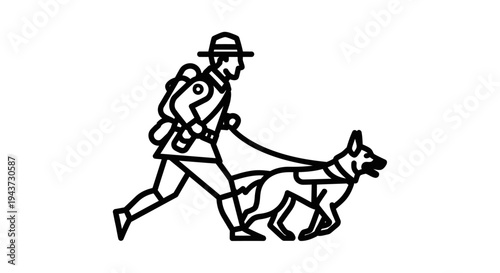 Police Officer with K9 Unit Dog on Duty, Line Art Icon