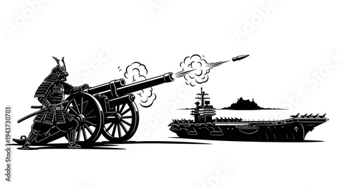 Samurai Warrior Fires Cannon at Aircraft Carrier, Historical and Modern Warfare Fusion