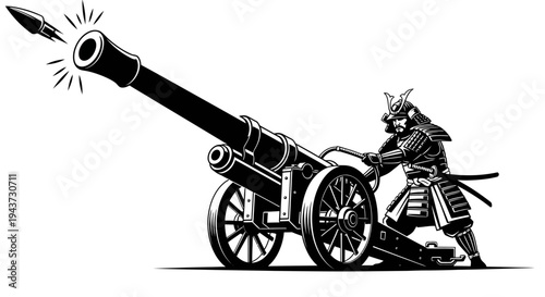 Samurai Warrior Fires Ancient Cannon with Rocket Projectile