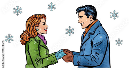 Young couple smiling and holding hands during snowfall in winter  