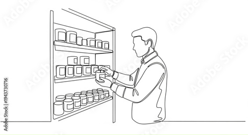 Man organizing jars on shelf in minimalist kitchen setting  