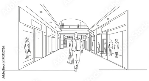 Line drawing of shopping mall interior with person walking  