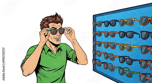 Young man trying on sunglasses in store with colorful display  