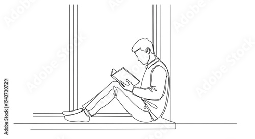 Young man reading book while sitting by the window in minimal style  