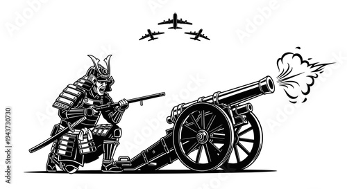 Samurai Warrior Firing Cannon with Airplanes Flying Overhead