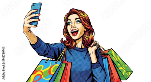 Young woman smiling while taking a selfie with shopping bags  