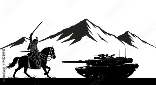 Samurai Warrior on Horseback Confronts Modern Tank in Mountainous Landscape Silhouette