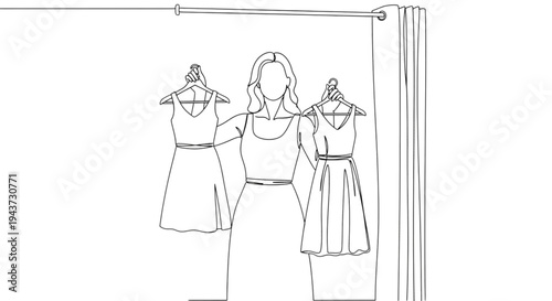 Woman choosing between two dresses in dressing room setting  