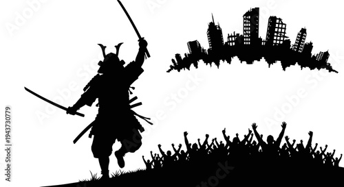Samurai Warrior Silhouette Fights for Humanity Against Ruined City and Crowd