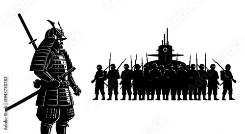 Samurai Warrior Stands Before Submarine and Army Silhouette