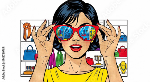 Woman wearing oversized sunglasses and smiling in a colorful store  