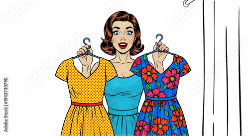 Woman choosing between colorful dresses in a fitting room  