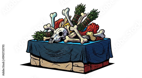 Altar decorated with animal bones and herbs on a table  