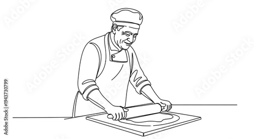 Chef rolling dough on table with focused expression in kitchen  