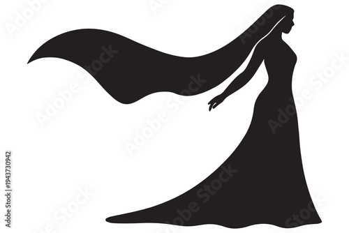 Elegant silhouette of a woman with flowing cape and long gown
