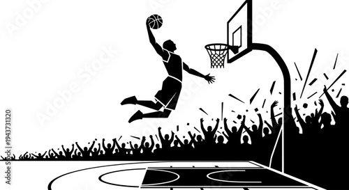 Dynamic black and white illustration of a basketball player performing a powerful slam dunk over a cheering crowd on a court.