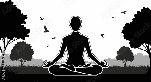 Silhouette of a person meditating in a peaceful natural environment with trees and flying birds, promoting tranquility and mindfulness.
