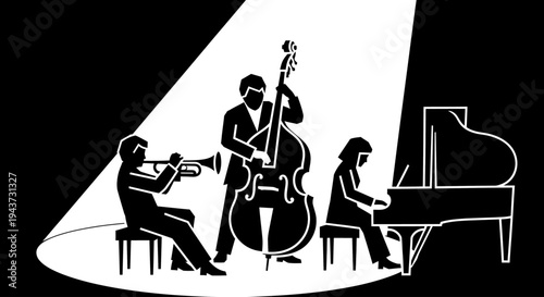 Three musicians in silhouette performing jazz music with trumpet, double bass, and piano under a bright spotlight.