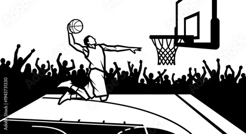 A basketball player performing a powerful slam dunk during a game with a cheering crowd.