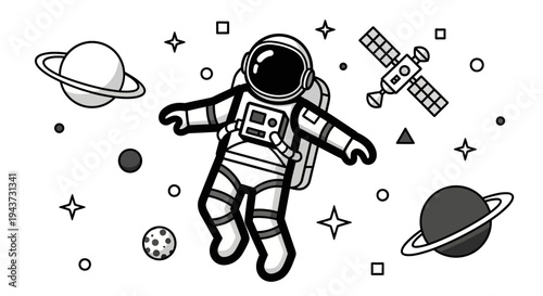 An astronaut floats in space surrounded by planets, stars, and a satellite, depicted in a black and white cartoon style.