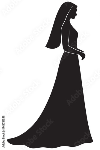 Elegant bride silhouette in a long wedding gown with veil
