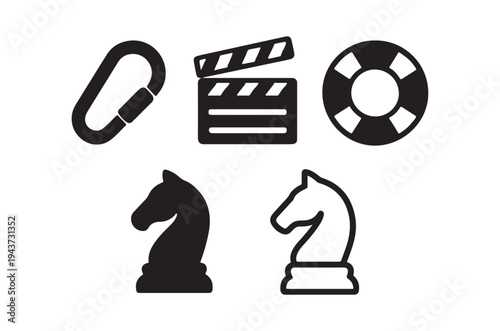Black silhouettes depict a carabiner clapperboard life preserver and chess pieces