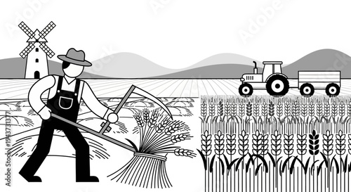 A farmer harvesting wheat with a scythe in a field, with a tractor and windmill in the background, illustrating agricultural work.