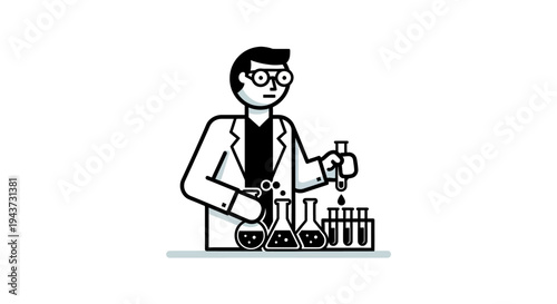 A scientist in a lab coat is carefully conducting an experiment with test tubes and beakers.