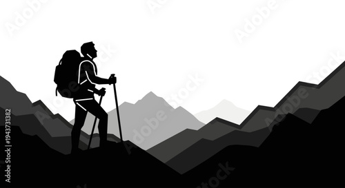A silhouette of a hiker with a backpack and trekking poles standing on a hill against a backdrop of layered mountains.